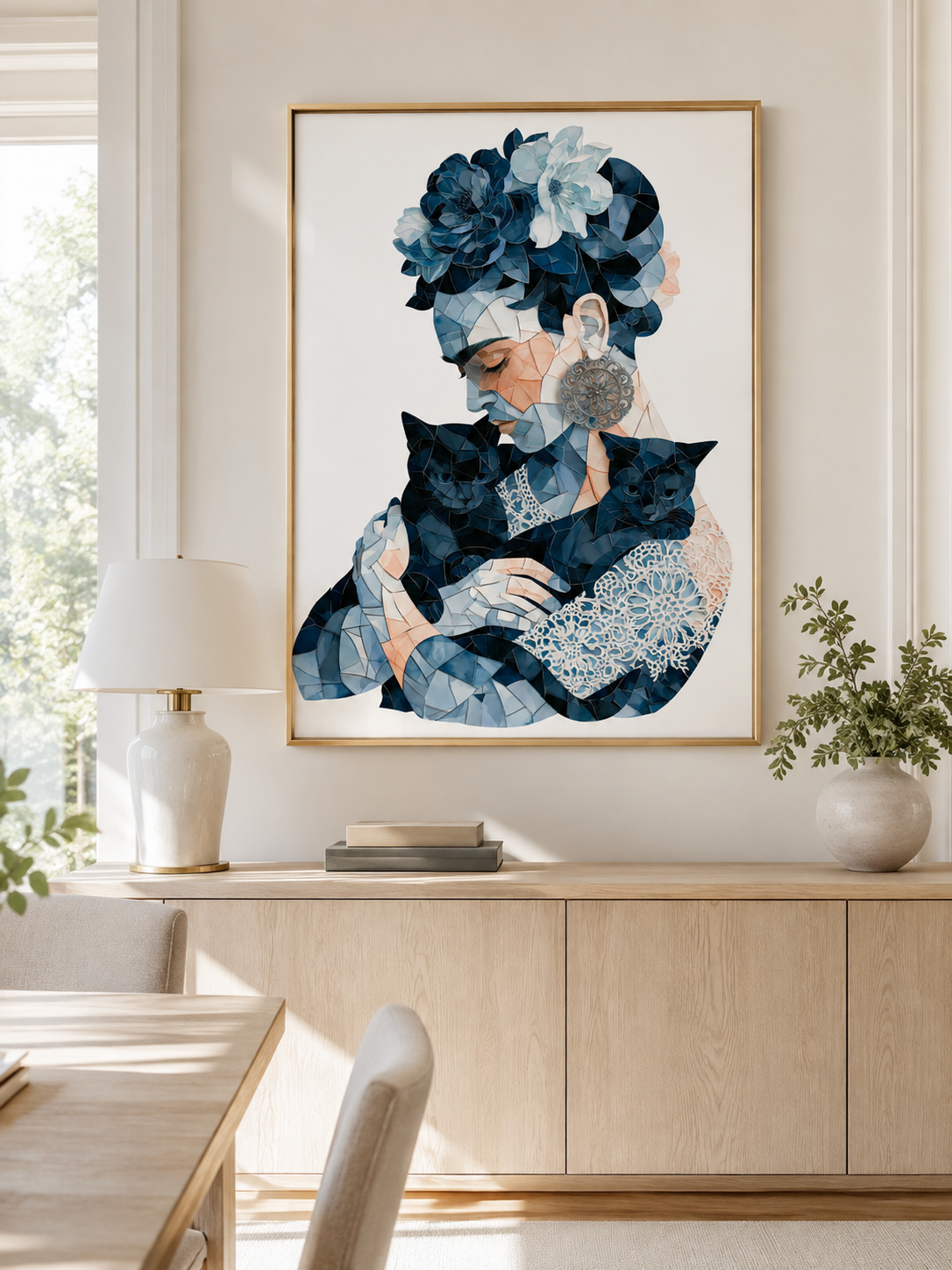 Granatowy Geometryczny Plakat - Wall Art Decor - front view - navy floral woman art print, blue woman wall art