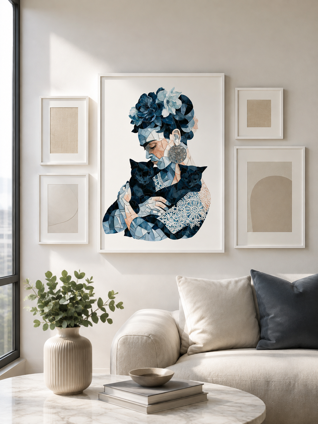 Granatowy Geometryczny Plakat - Wall Art Decor - detail view - navy floral woman art print, blue woman wall art
