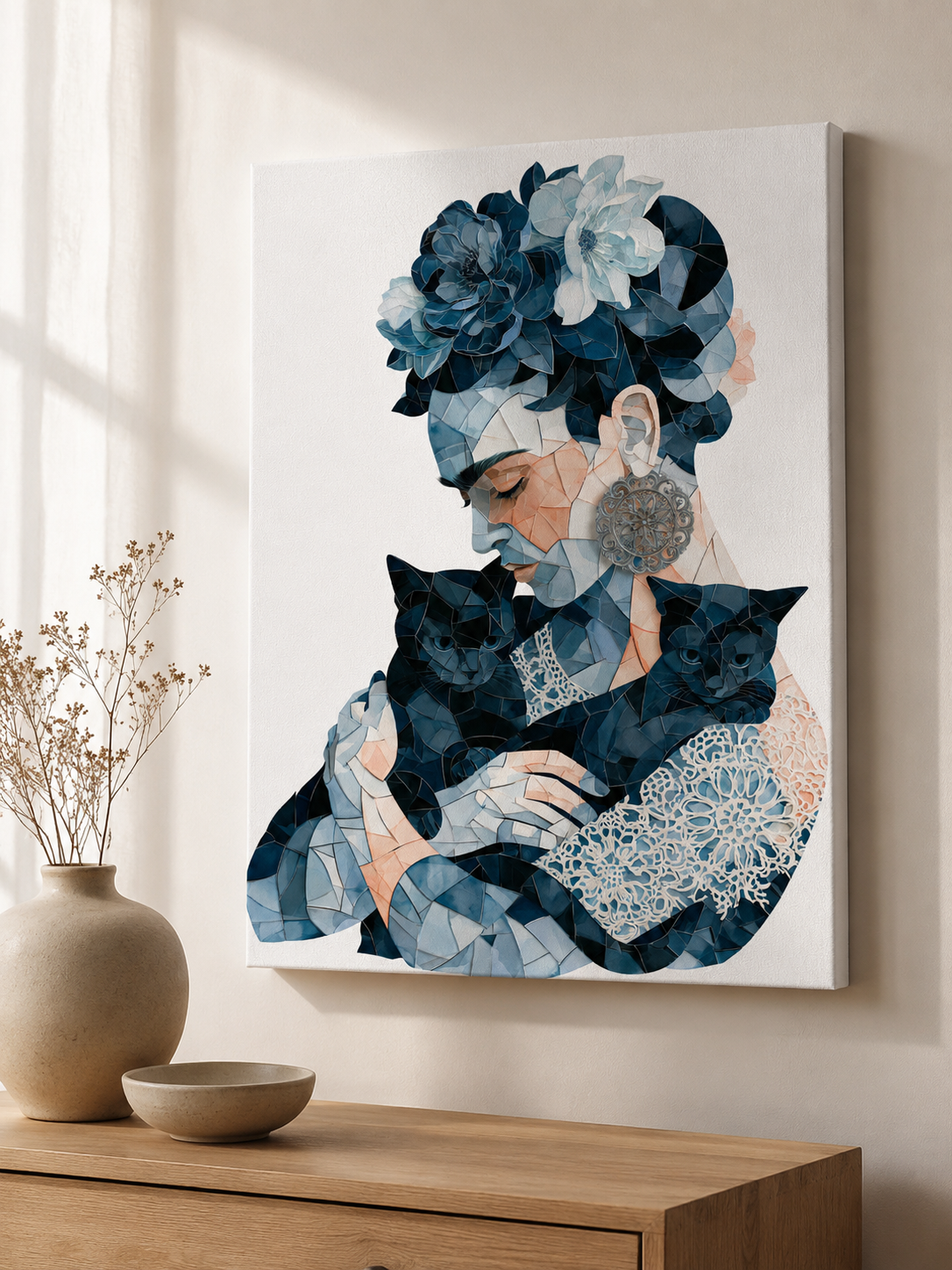 Granatowy Geometryczny Plakat - Wall Art Decor - lifestyle shot - navy floral woman art print, blue woman wall art