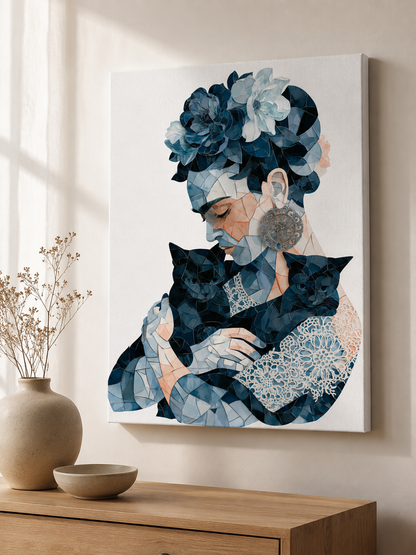 Granatowy Geometryczny Plakat - Wall Art Decor - lifestyle shot - navy floral woman art print, blue woman wall art