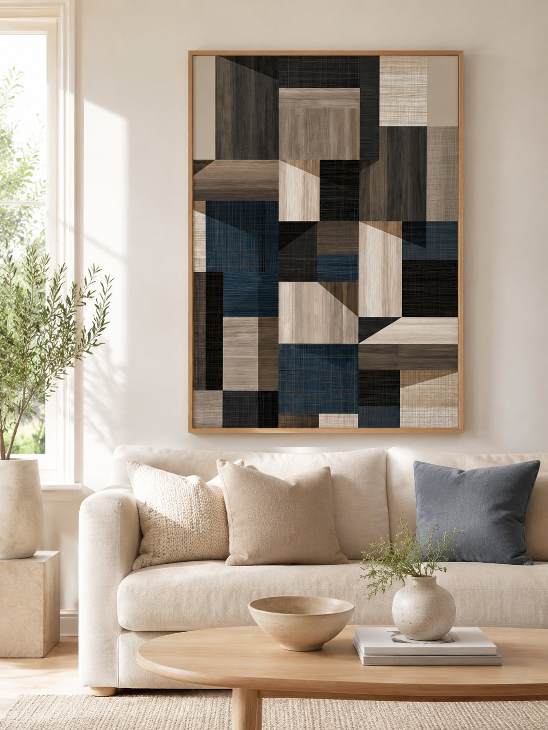 Navy Geometric Wall Art - Wall Art Decor - detail view - navy geometric wall art, beige abstract wall decor