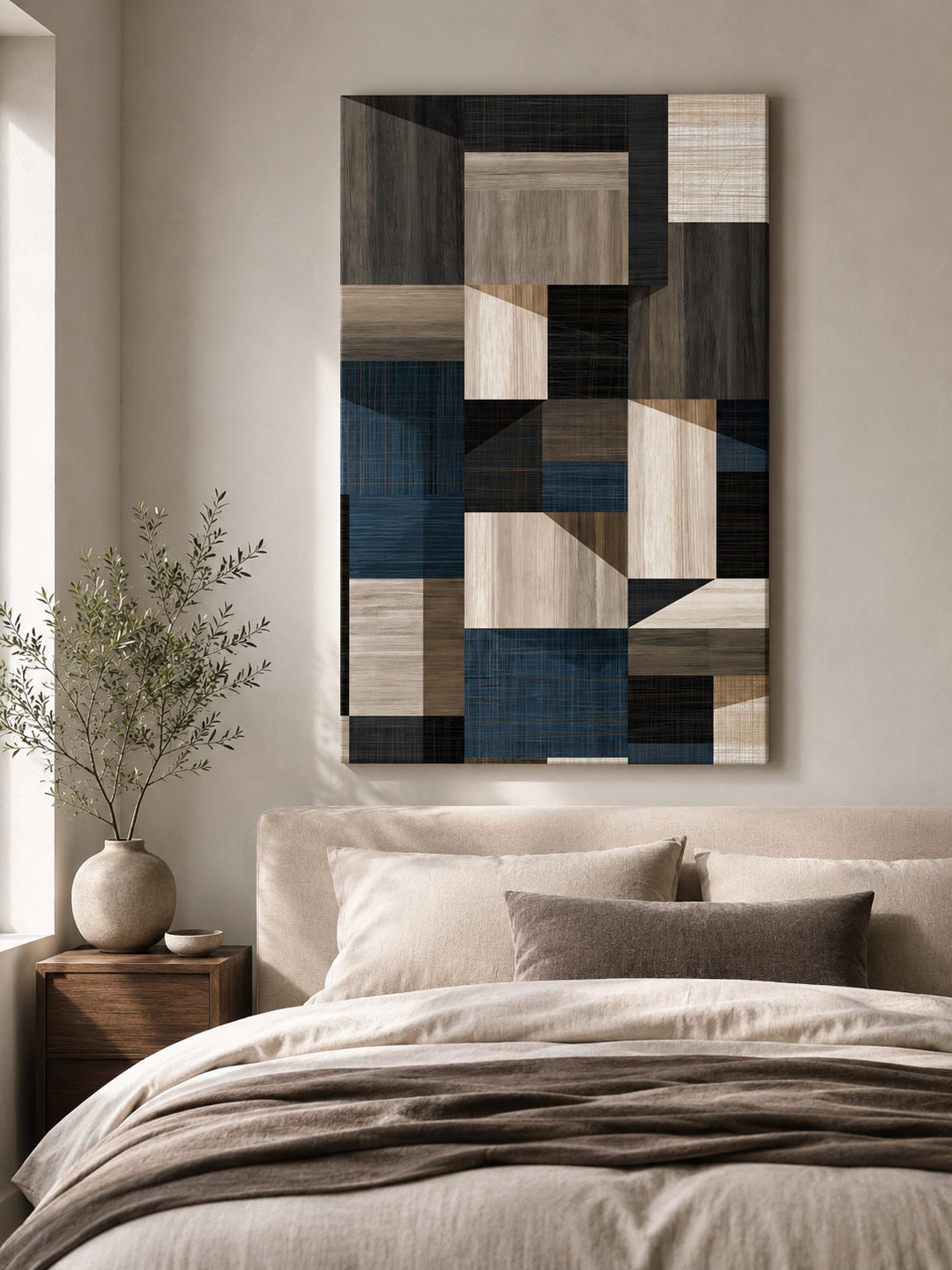 Navy Geometric Wall Art - Wall Art Decor - lifestyle shot - navy geometric wall art, beige abstract wall decor