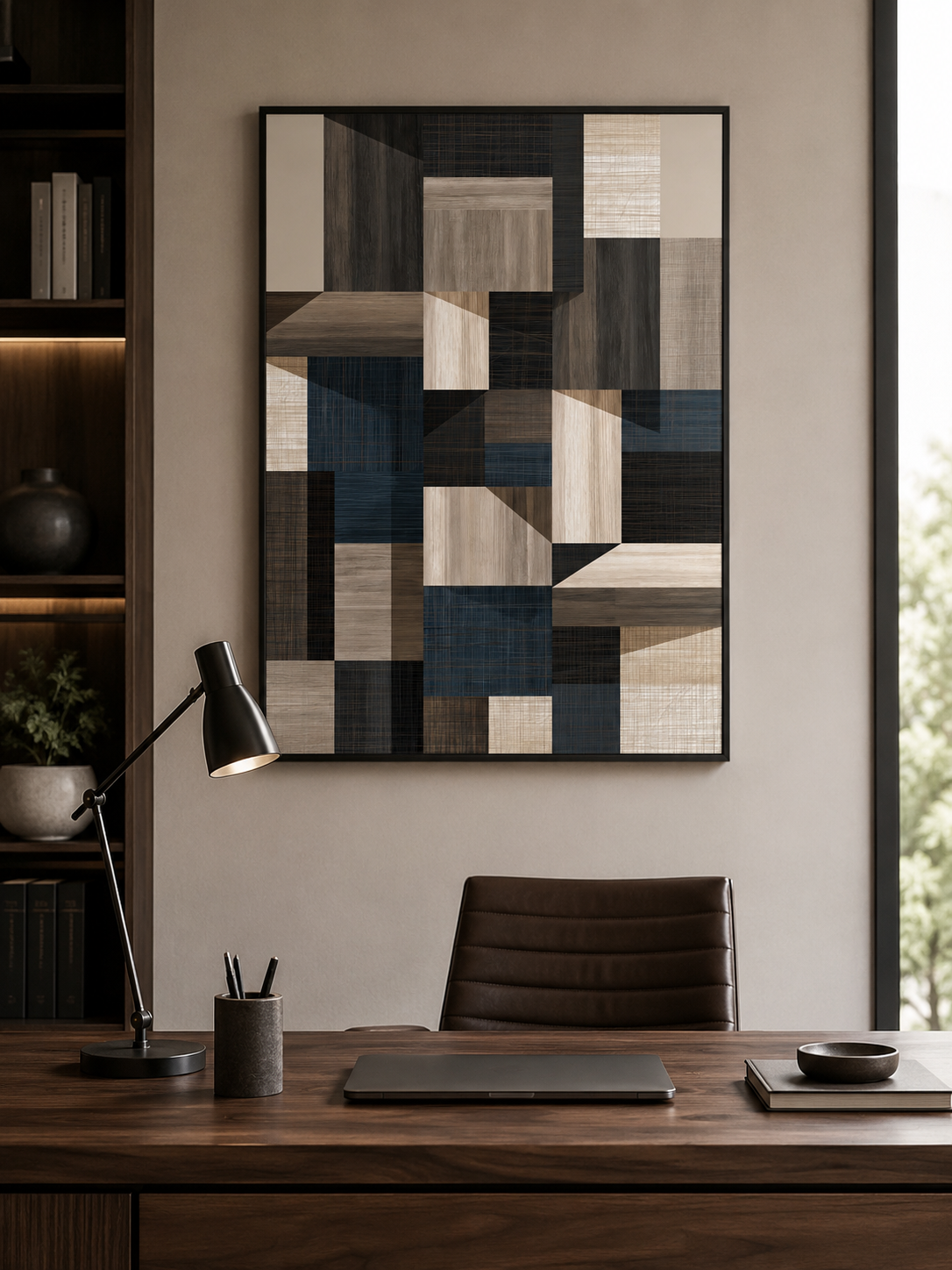 Navy Geometric Wall Art - Wall Art Decor - close-up - navy geometric wall art, beige abstract wall decor