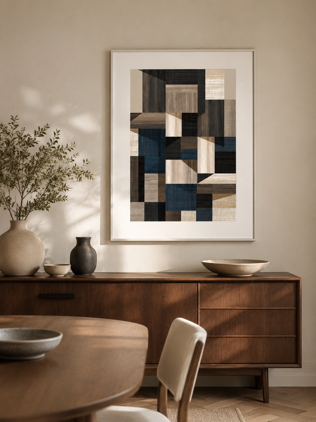 Navy Geometric Wall Art - Wall Art Decor - alternate angle - navy geometric wall art, beige abstract wall decor