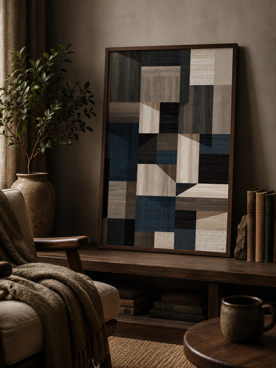 Navy Geometric Wall Art - Wall Art Decor - packaging - navy geometric wall art, beige abstract wall decor