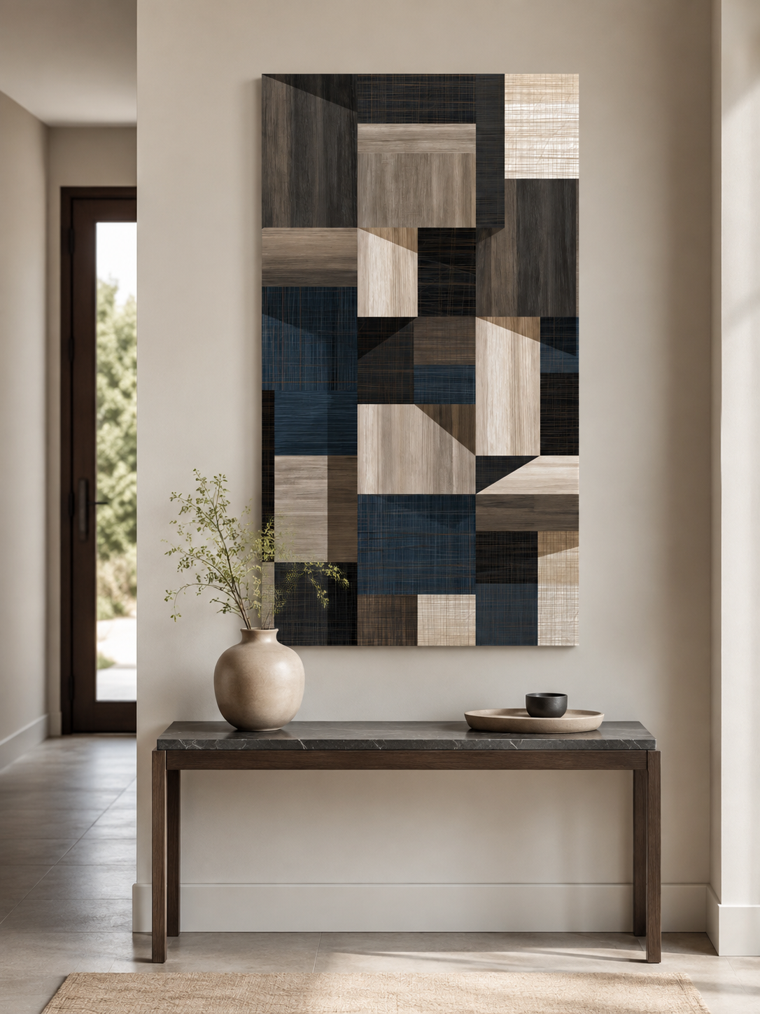 Navy Geometric Wall Art - Wall Art Decor - front view - navy geometric wall art, beige abstract wall decor