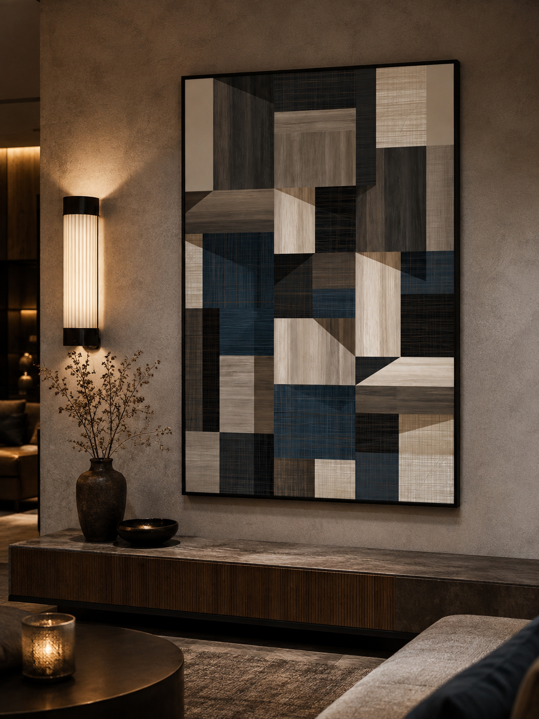 Navy Geometric Wall Art - Wall Art Decor - detail view - navy geometric wall art, beige abstract wall decor