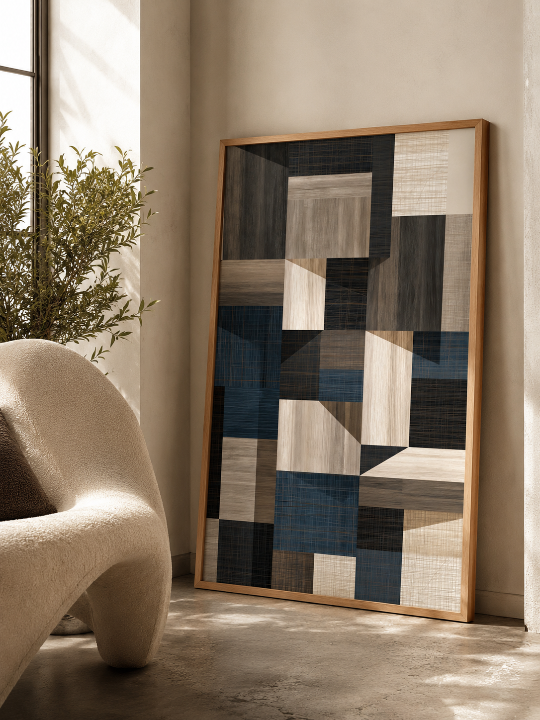 Navy Geometric Wall Art - Wall Art Decor - lifestyle shot - navy geometric wall art, beige abstract wall decor