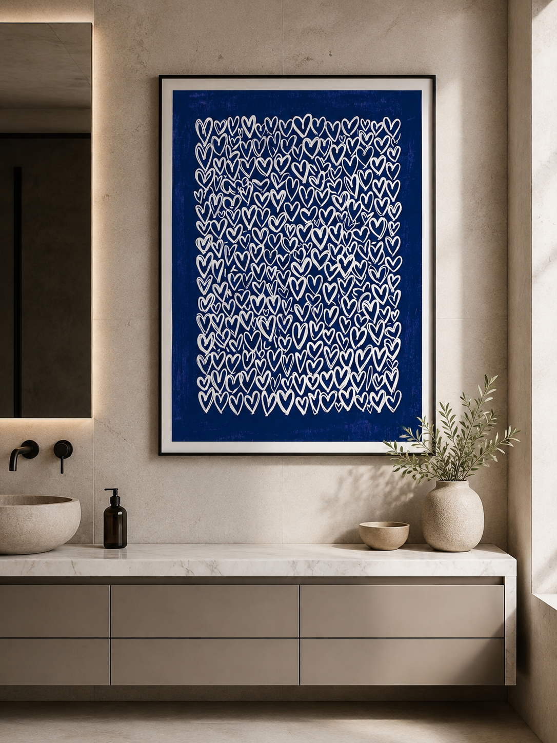 Navy Hearts Wall Art - Wall Art Decor - close-up - navy hearts wall art, blue heart art print
