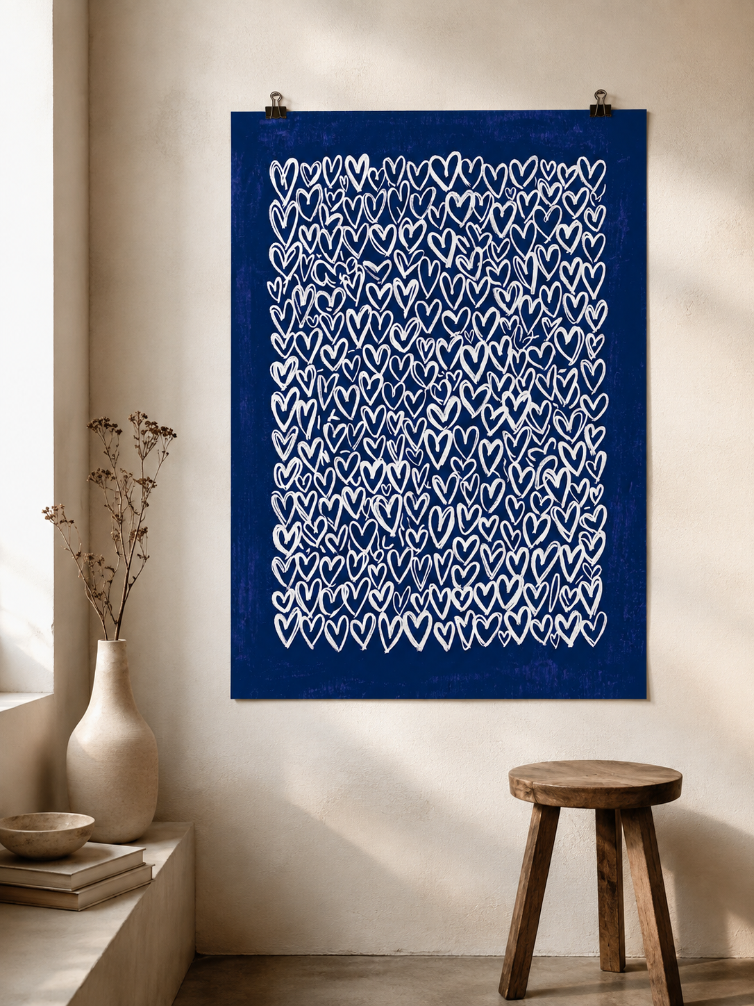 Navy Hearts Wall Art - Wall Art Decor - alternate angle - navy hearts wall art, blue heart art print