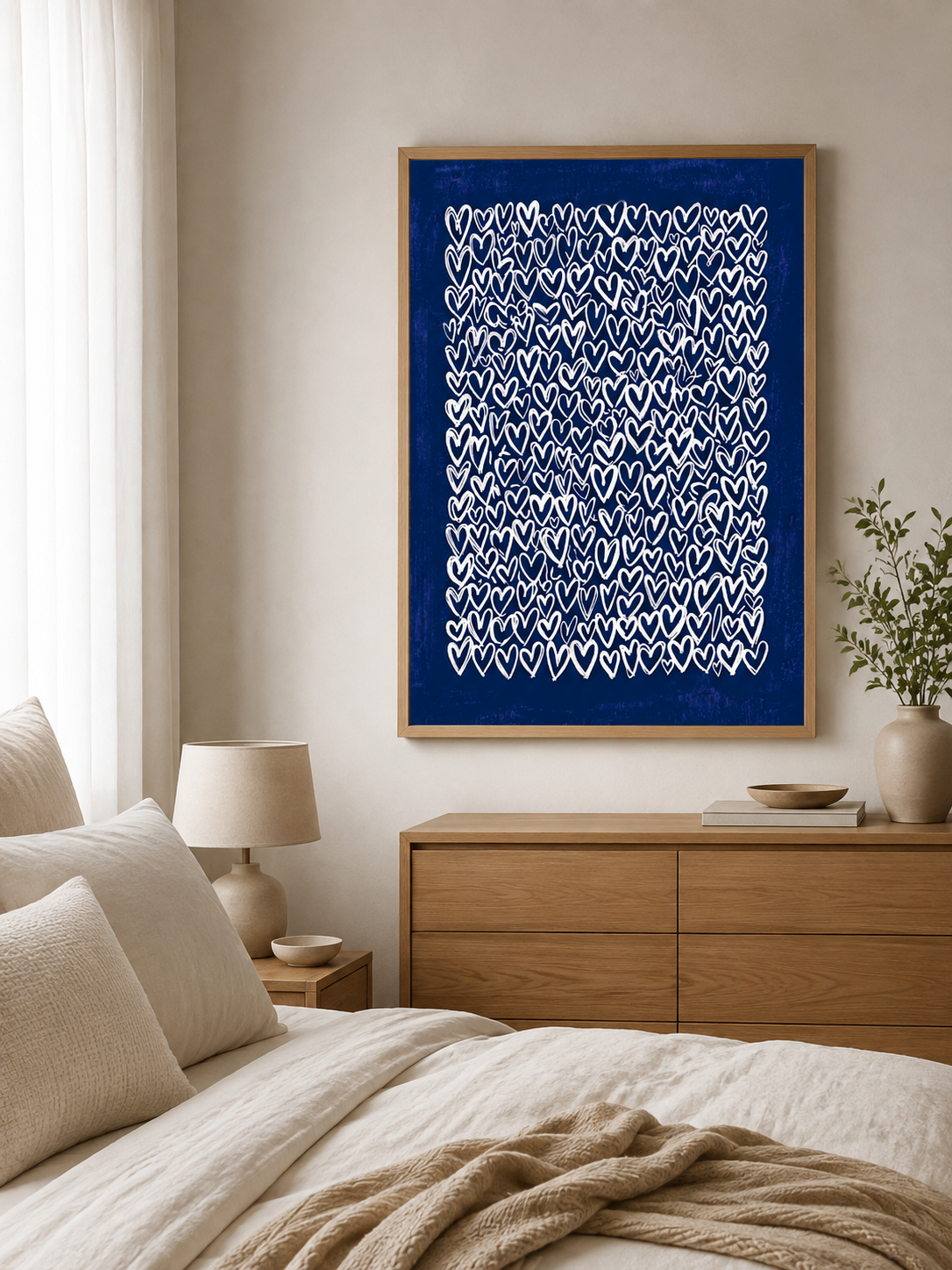 Navy Hearts Wall Art - Wall Art Decor - lifestyle shot - navy hearts wall art, blue heart art print