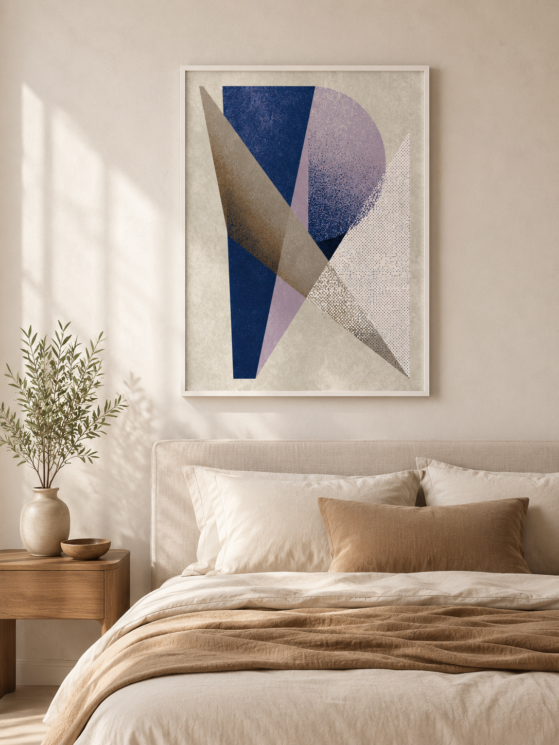 Navy Lilac Geometric Wall Art - Wall Art Decor - lifestyle shot - navy lilac geometric wall art, navy abstract art print
