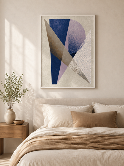 Navy Lilac Geometric Wall Art - Wall Art Decor - lifestyle shot - navy lilac geometric wall art, navy abstract art print