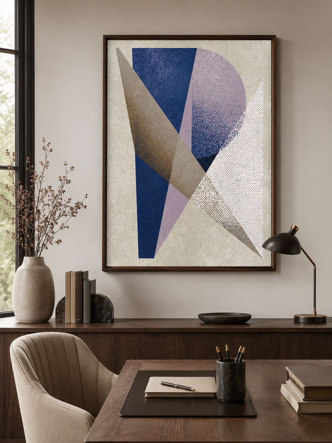 Navy Lilac Geometric Wall Art - Wall Art Decor - close-up - navy lilac geometric wall art, navy abstract art print