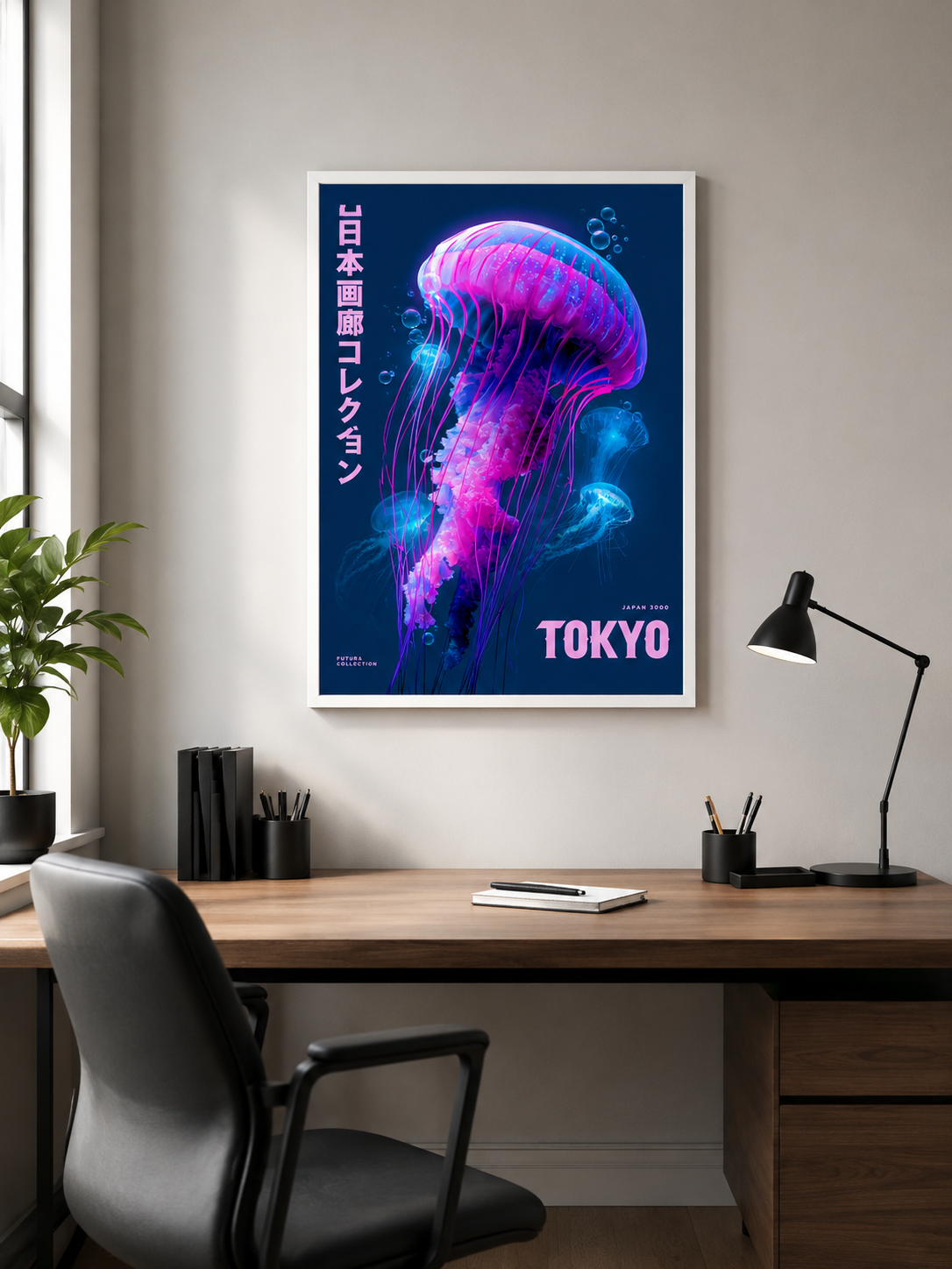 Neon Jellyfish Poster - Wall Art Decor - alternate angle - jellyfish art print, neon japanese wall art