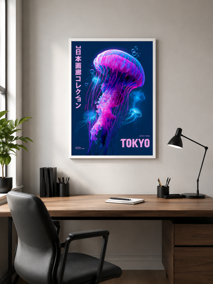 Neon Jellyfish Poster - Wall Art Decor - alternate angle - jellyfish art print, neon japanese wall art