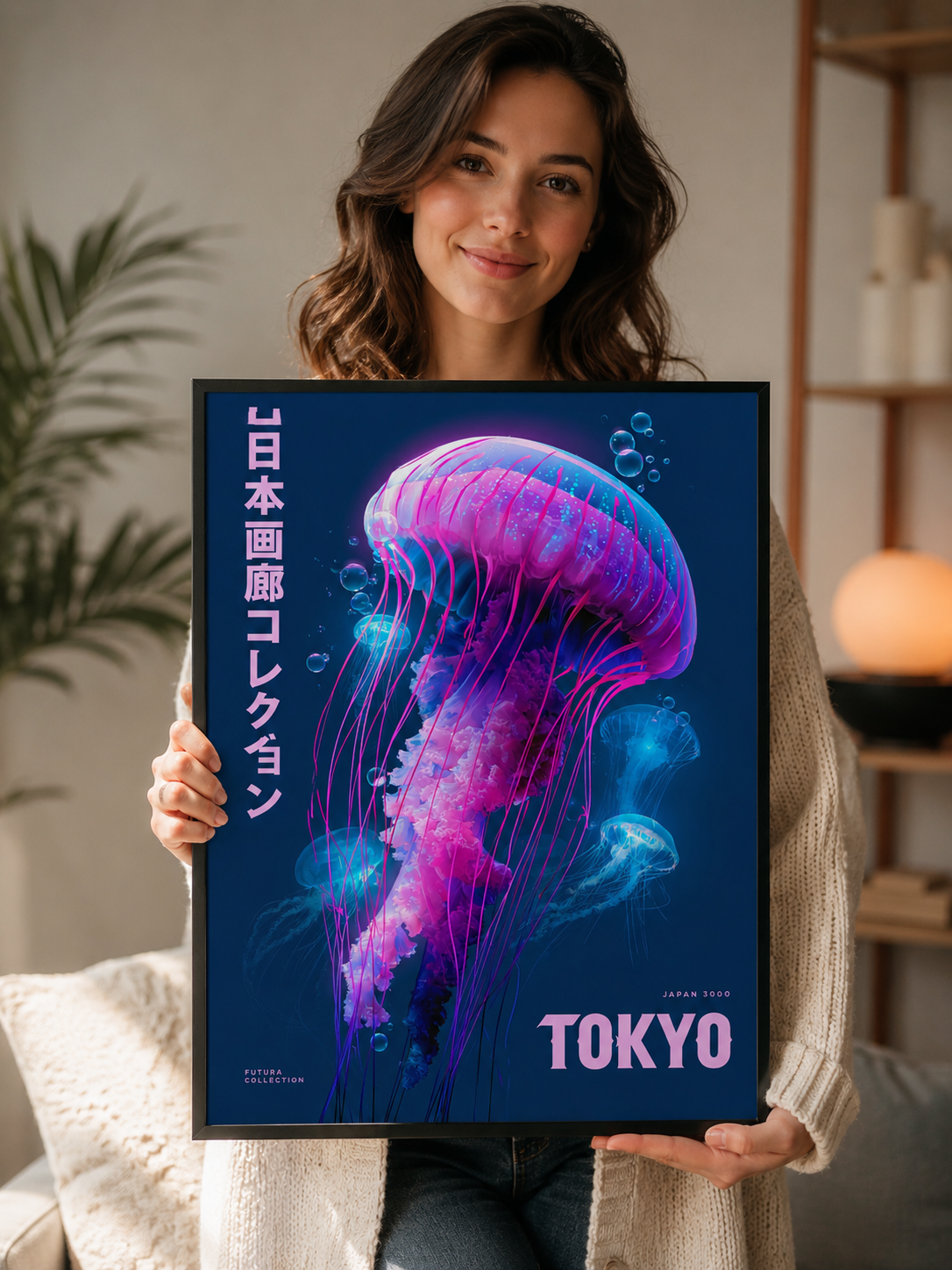 Neon Jellyfish Poster - Wall Art Decor - front view - jellyfish art print, neon japanese wall art
