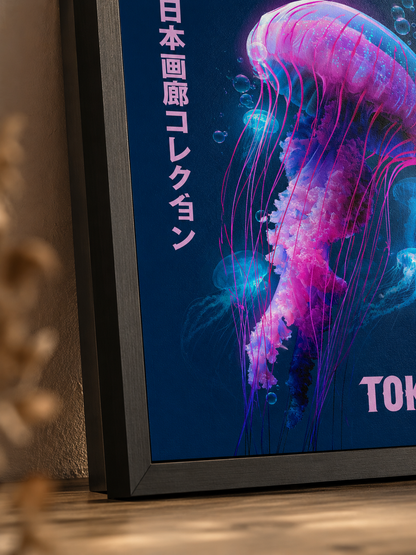 Neon Jellyfish Poster - Wall Art Decor - detail view - jellyfish art print, neon japanese wall art