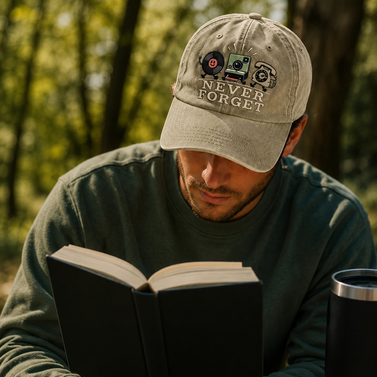 Man reading a book outdoors wearing a cap with 'Never Forget' text