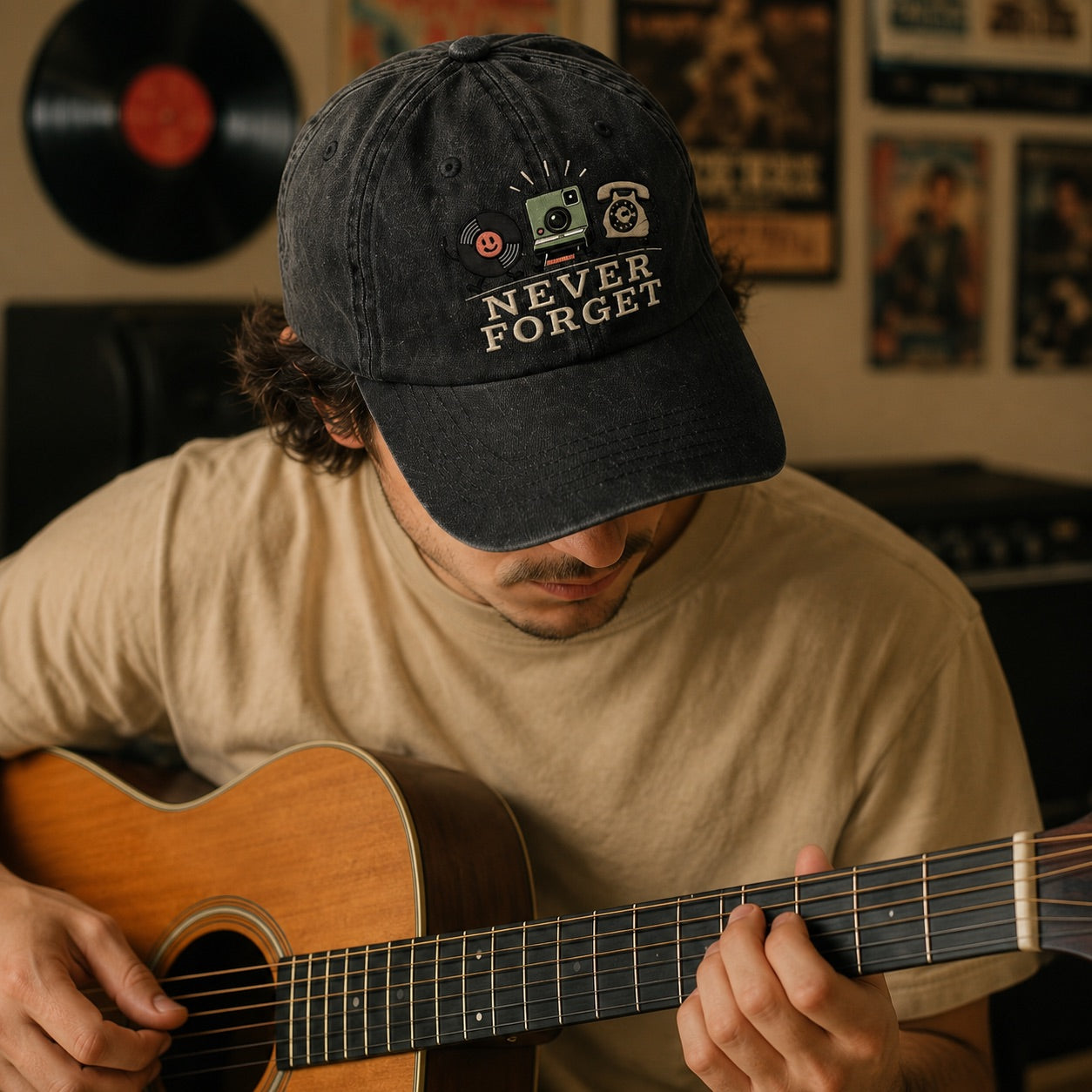 Person playing guitar wearing a cap with 'Never Forget' text in a room with music-themed decor.