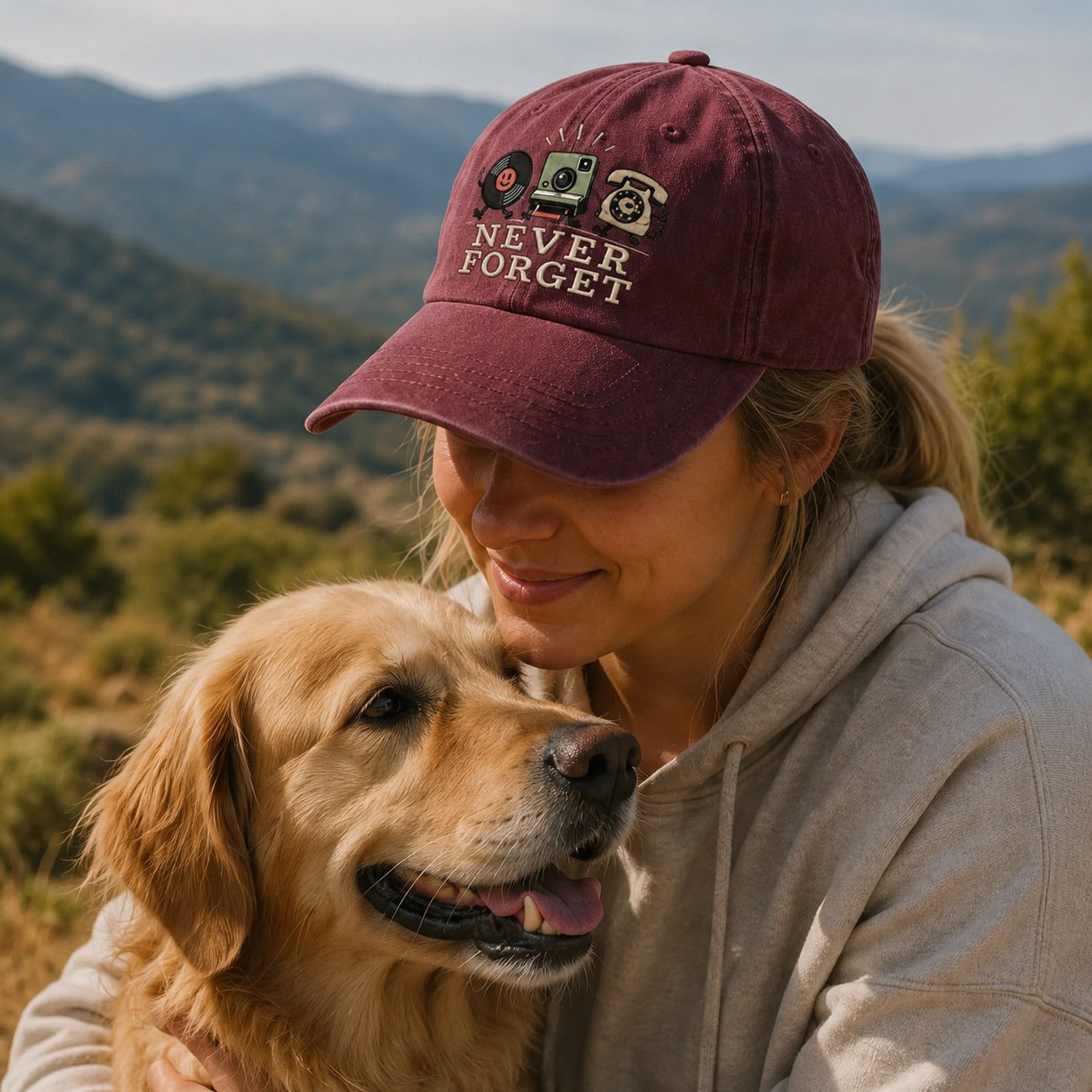 Woman wearing a cap with 'Never Forget' text and a phone, camera, and rose design, hugging a dog outdoors with mountains in the background.