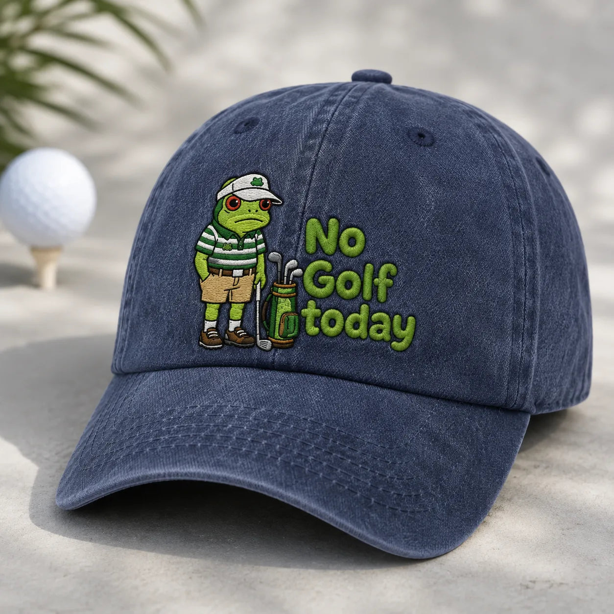 No Golf Today Frog Golfer Washed Cap - washed cap - front view