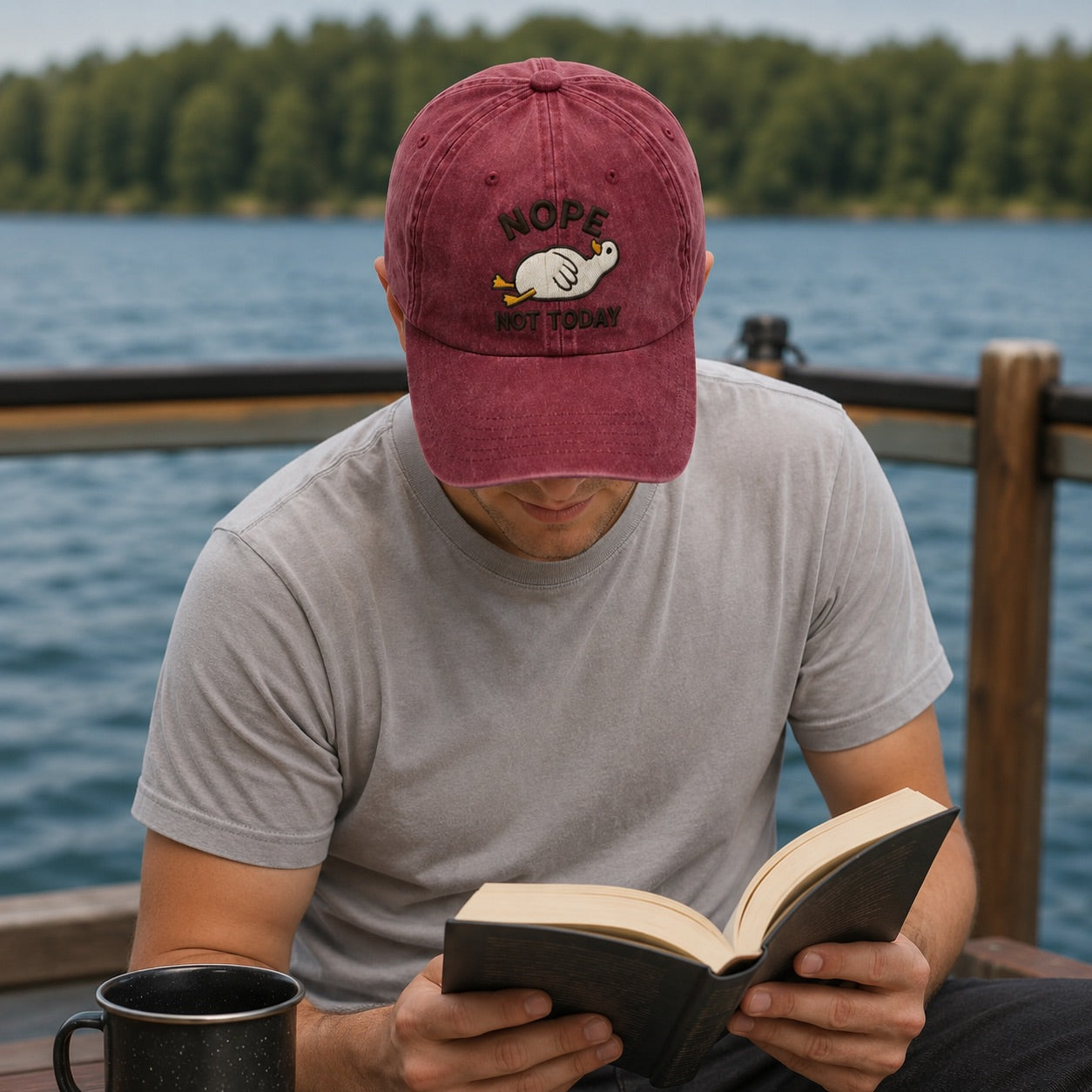 Man reading a book on a dock with a lake and trees in the background