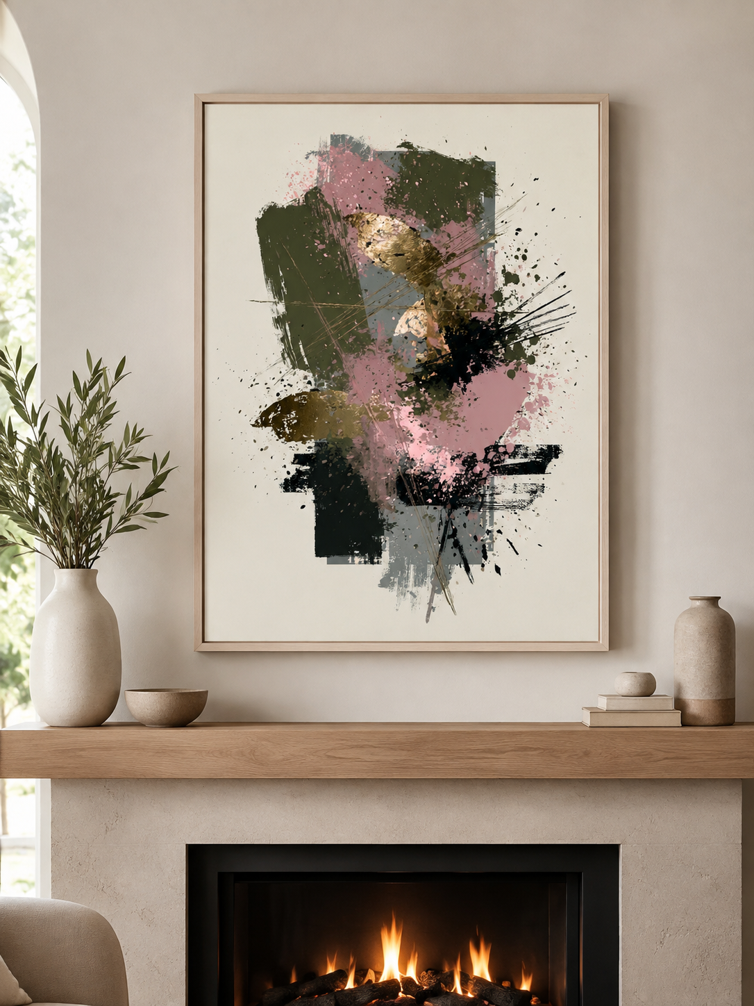 Arte Abstrata Rosa e Verde - Wall Art Decor - close-up - olive abstract wall art, blush abstract art