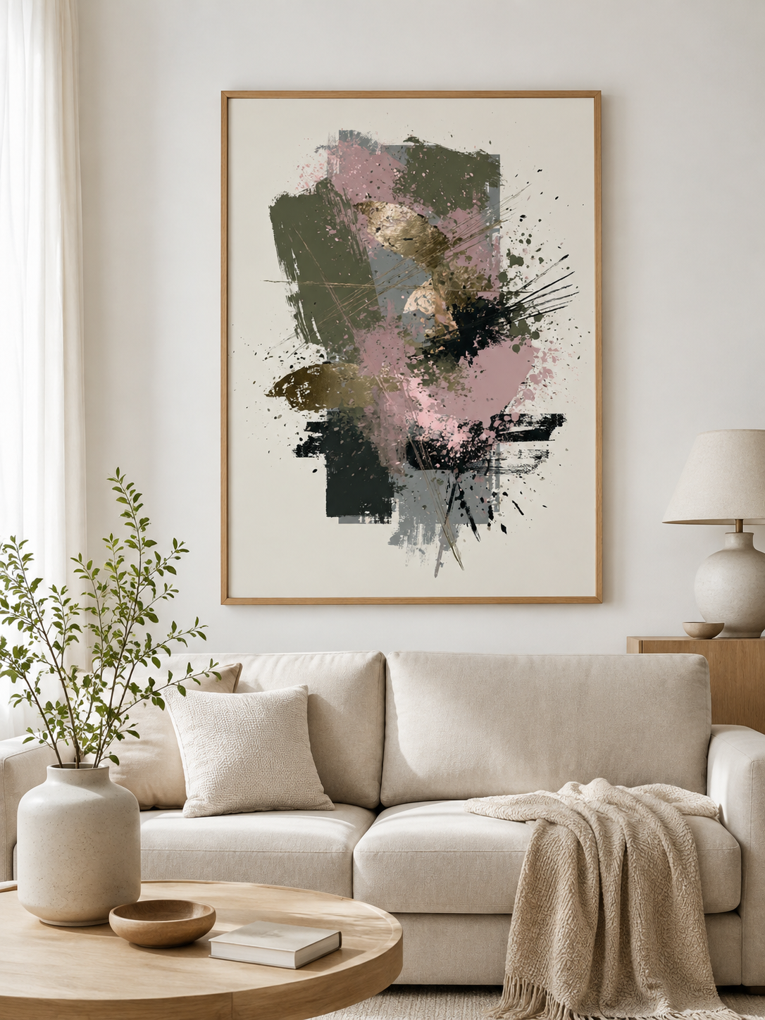 Arte Abstrata Rosa e Verde - Wall Art Decor - detail view - olive abstract wall art, blush abstract art