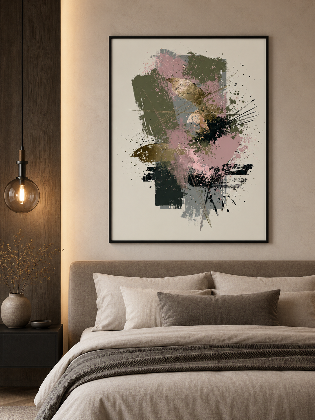 Arte Abstrata Rosa e Verde - Wall Art Decor - lifestyle shot - olive abstract wall art, blush abstract art