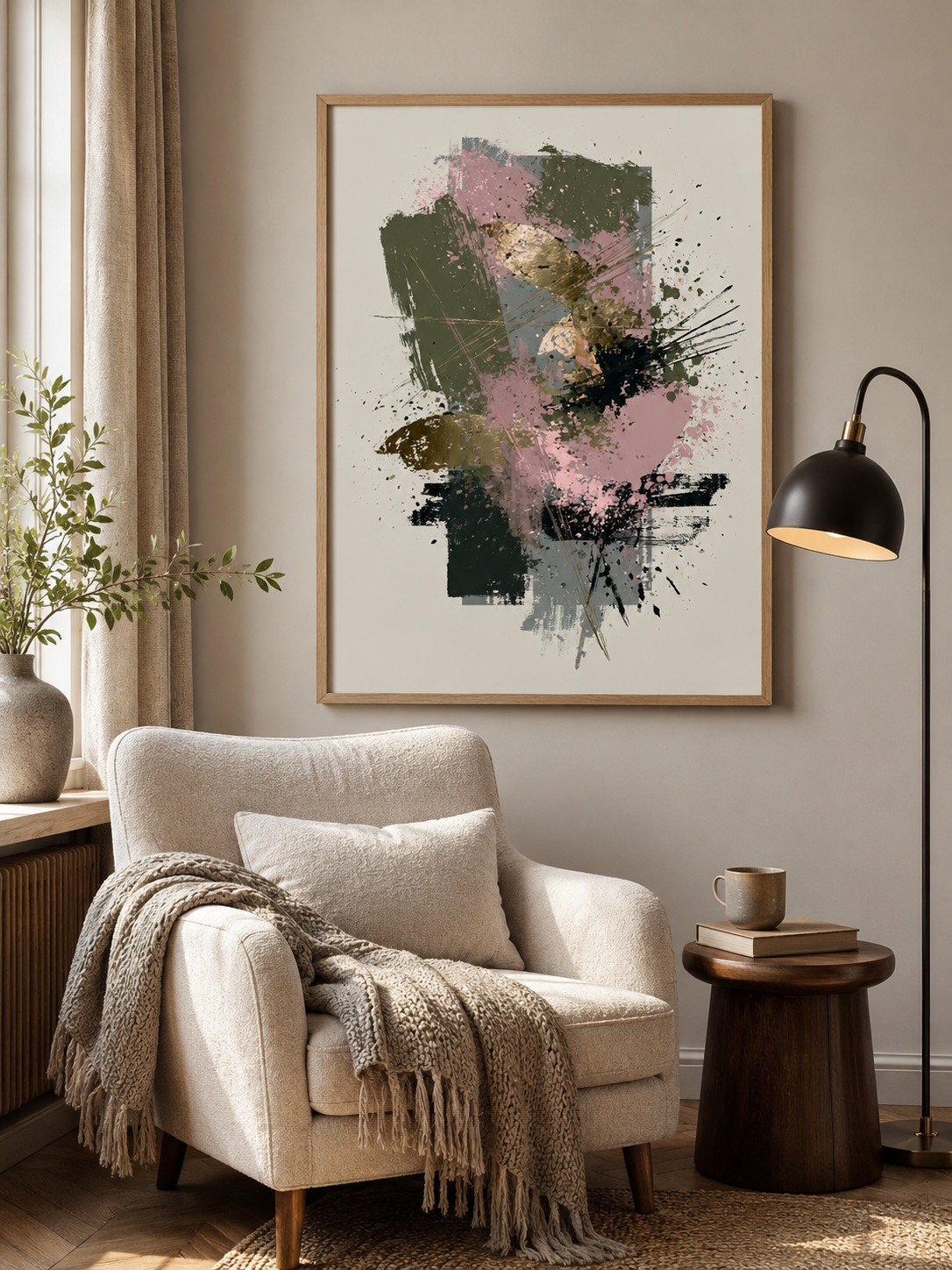Arte Abstrata Rosa e Verde - Wall Art Decor - front view - olive abstract wall art, blush abstract art