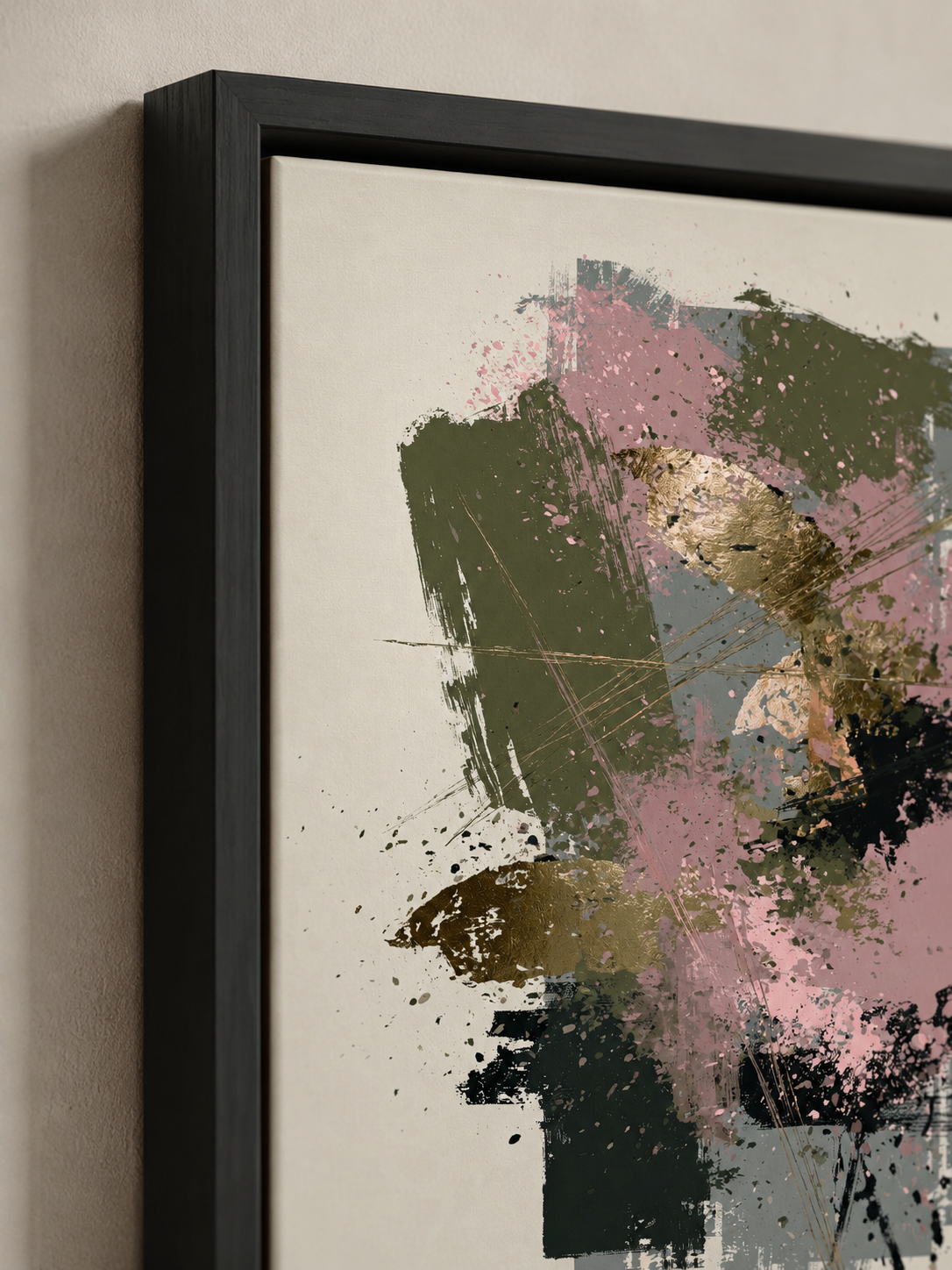 Arte Abstrata Rosa e Verde - Wall Art Decor - detail view - olive abstract wall art, blush abstract art