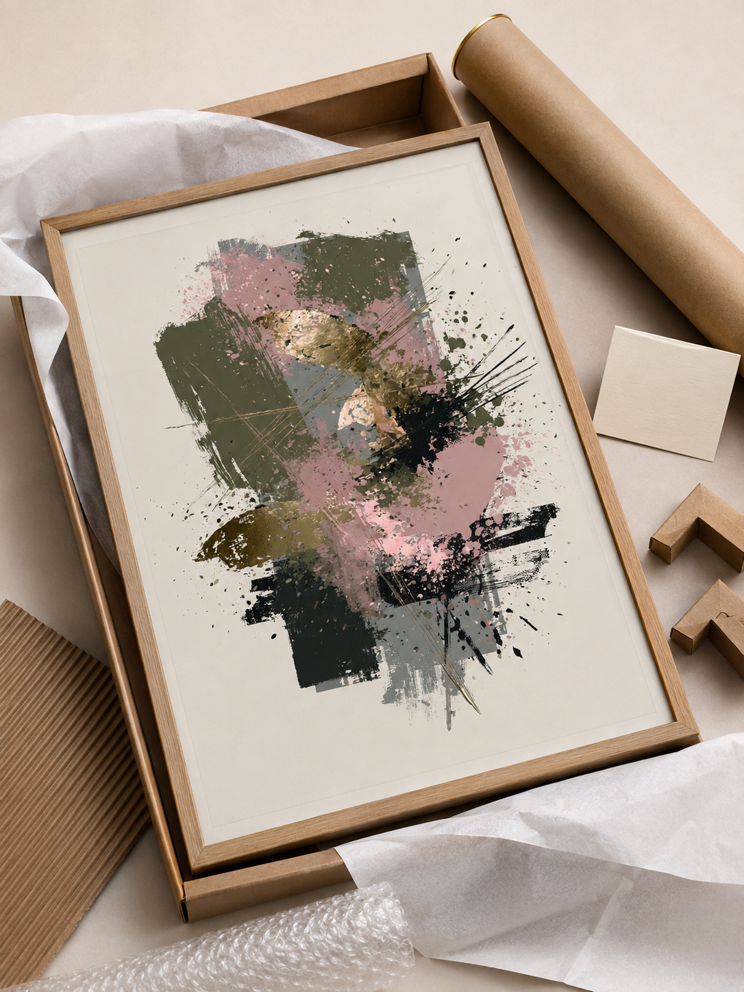 Arte Abstrata Rosa e Verde - Wall Art Decor - lifestyle shot - olive abstract wall art, blush abstract art