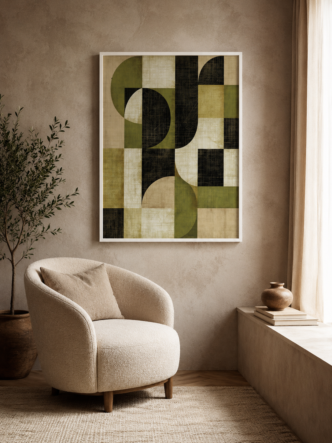 Vert Olive Décoration Murale - Wall Art Decor - close-up - olive black geometric wall art, olive abstract art print