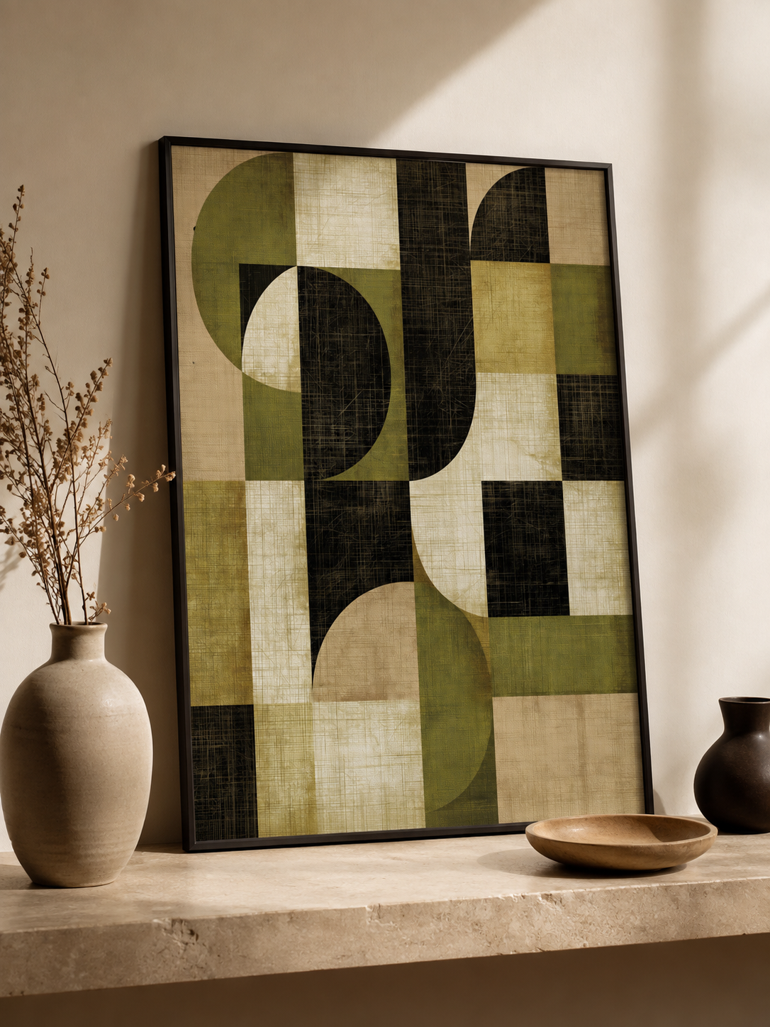 Vert Olive Décoration Murale - Wall Art Decor - lifestyle shot - olive black geometric wall art, olive abstract art print
