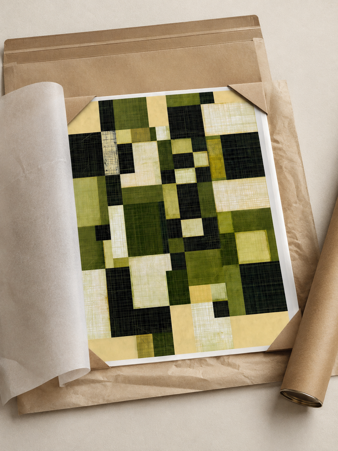 Verde Oliva Arte Mural - Wall Art Decor - close-up - olive geometric wall art, green abstract art print
