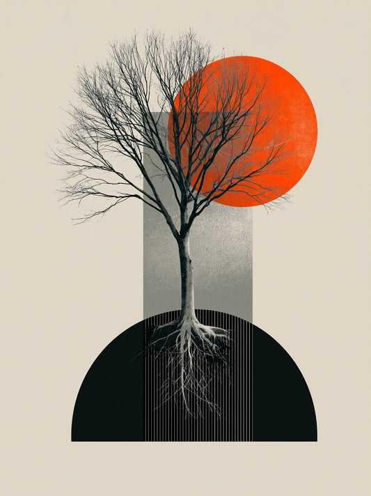 Orange & Black Tree Wall Art - Wall Art Decor - front view - geometric tree poster, orange botanical print
