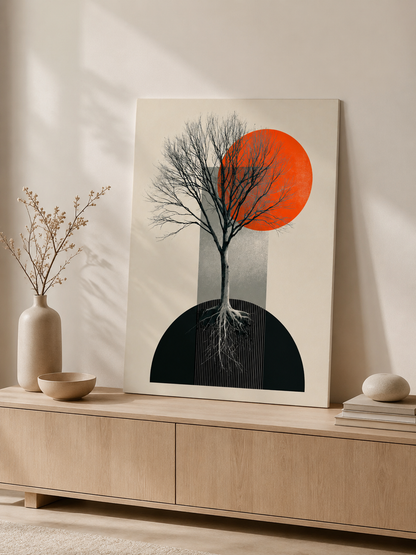 Orange & Black Tree Wall Art - Wall Art Decor - close-up - geometric tree poster, orange botanical print
