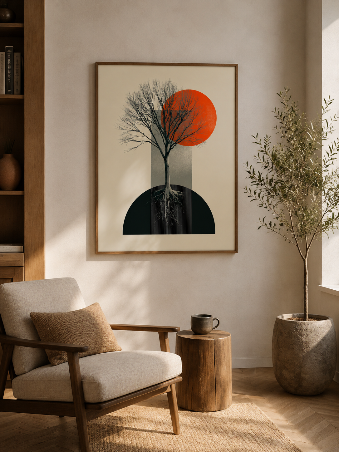 Orange & Black Tree Wall Art - Wall Art Decor - alternate angle - geometric tree poster, orange botanical print