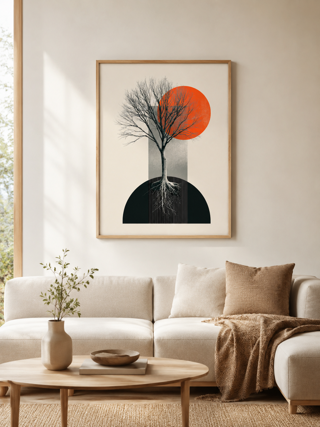 Orange & Black Tree Wall Art - Wall Art Decor - detail view - geometric tree poster, orange botanical print