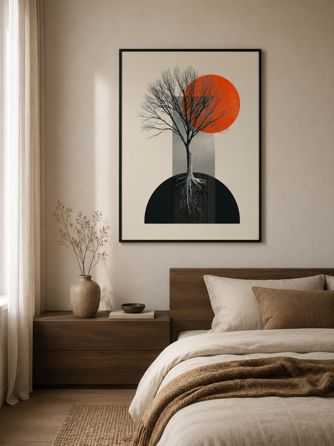 Orange & Black Tree Wall Art - Wall Art Decor - lifestyle shot - geometric tree poster, orange botanical print