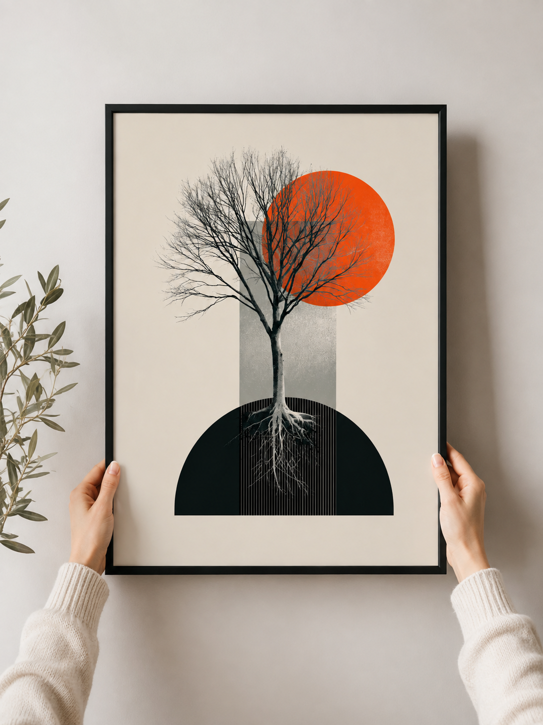 Orange & Black Tree Wall Art - Wall Art Decor - front view - geometric tree poster, orange botanical print