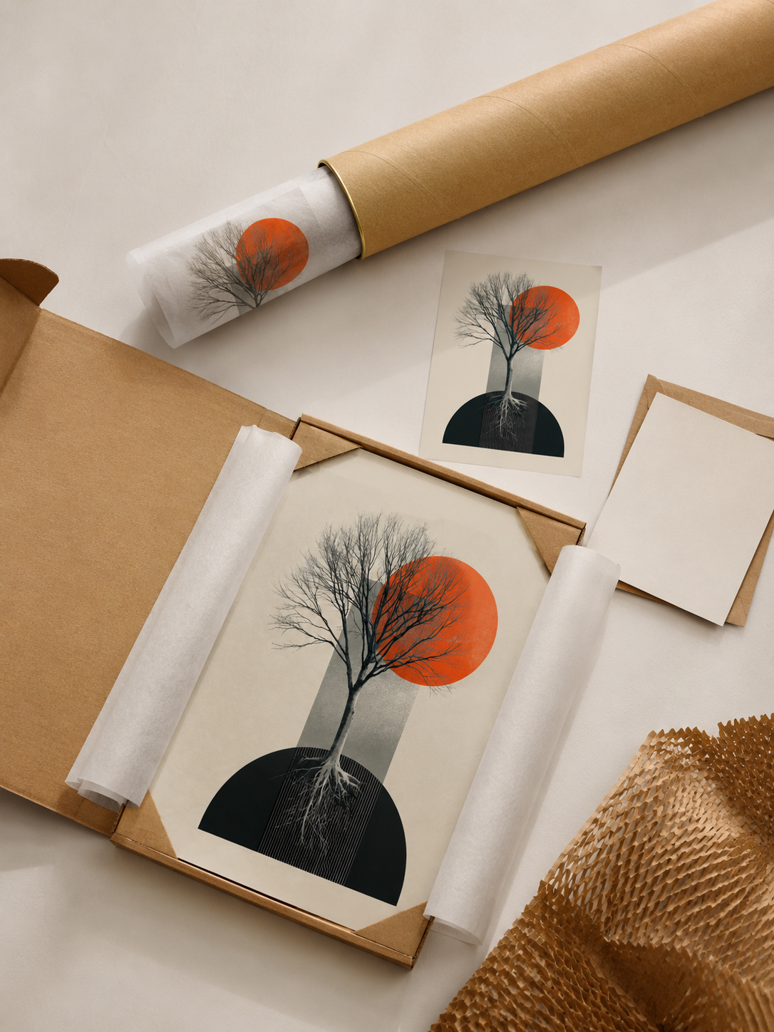 Orange & Black Tree Wall Art - Wall Art Decor - lifestyle shot - geometric tree poster, orange botanical print