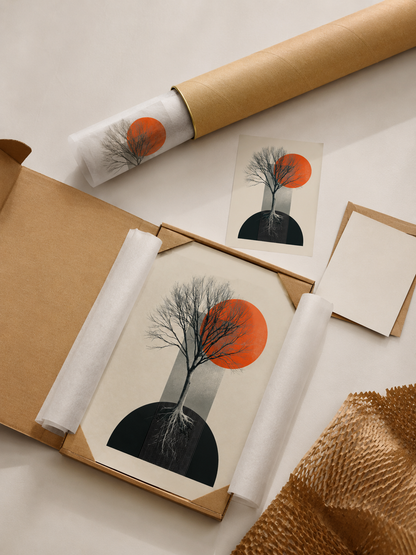 Orange & Black Tree Wall Art - Wall Art Decor - lifestyle shot - geometric tree poster, orange botanical print