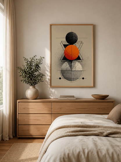 Orange Geometric Wall Art - Wall Art Decor - lifestyle shot - orange geometric wall art, black orange wall decor