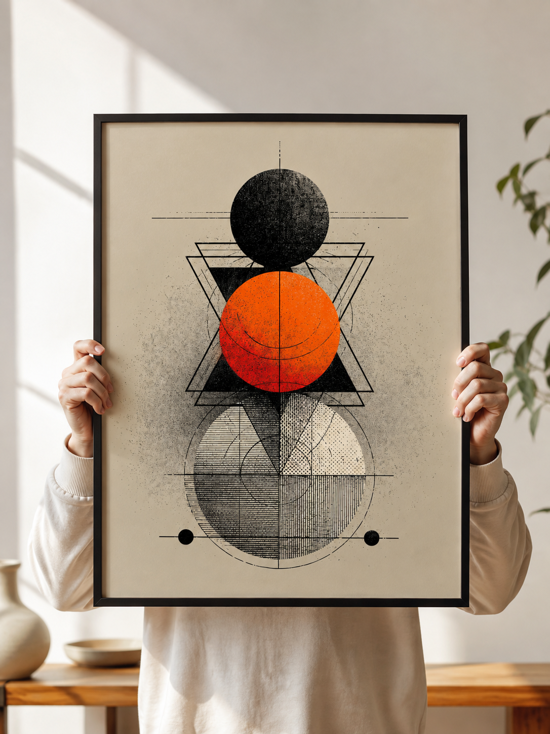 Orange Geometric Wall Art - Wall Art Decor - lifestyle shot - orange geometric wall art, black orange wall decor