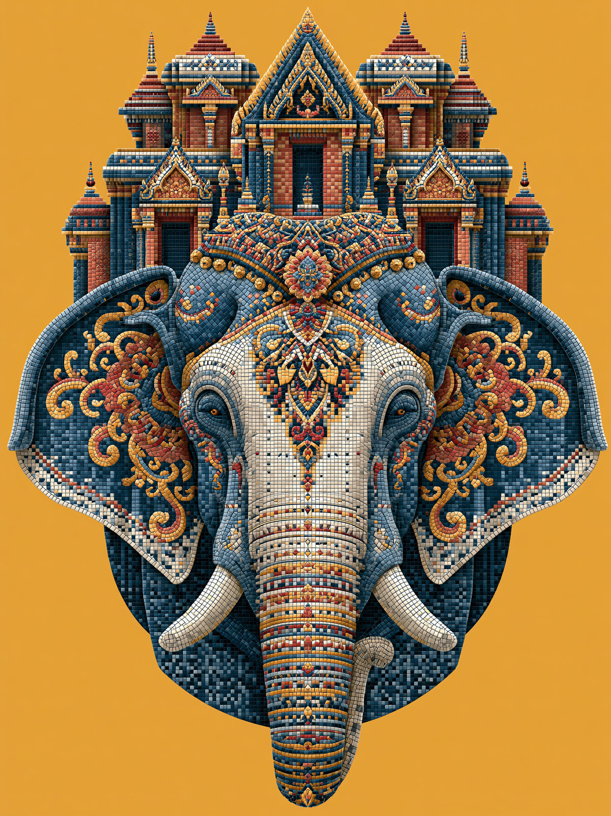 Ornate Elephant Wall Art - Wall Art Decor - front view - saffron elephant decor, asian elephant art