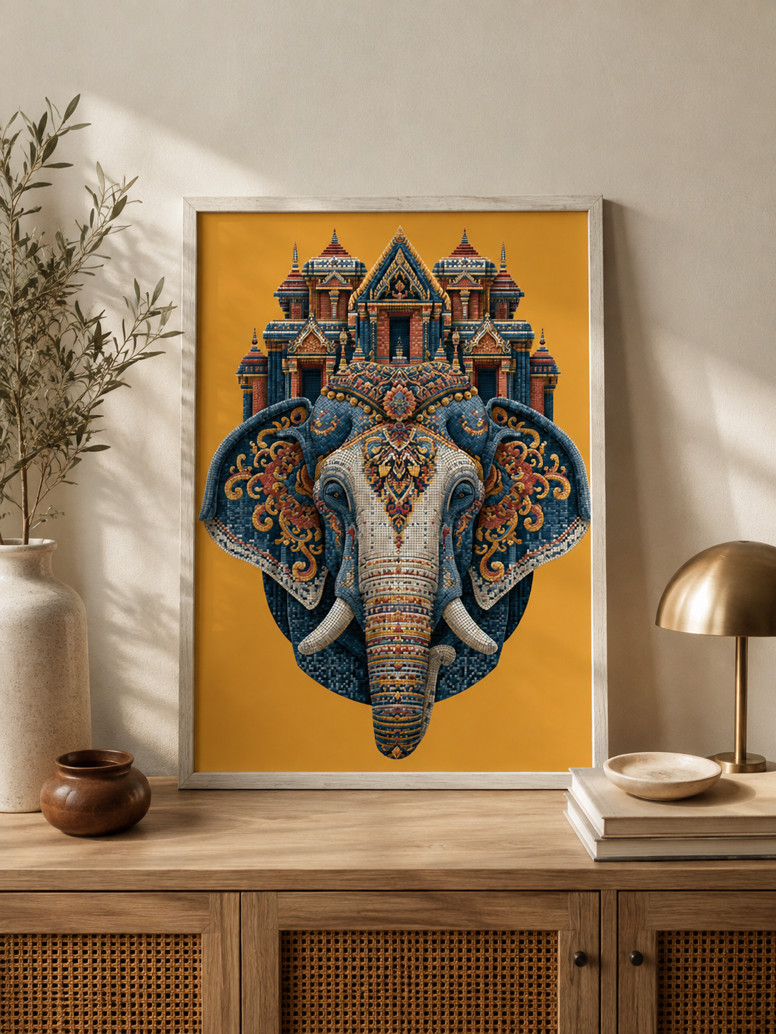 Ornate Elephant Wall Art - Wall Art Decor - close-up - saffron elephant decor, asian elephant art