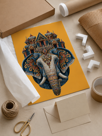 Ornate Elephant Wall Art - Wall Art Decor - alternate angle - saffron elephant decor, asian elephant art