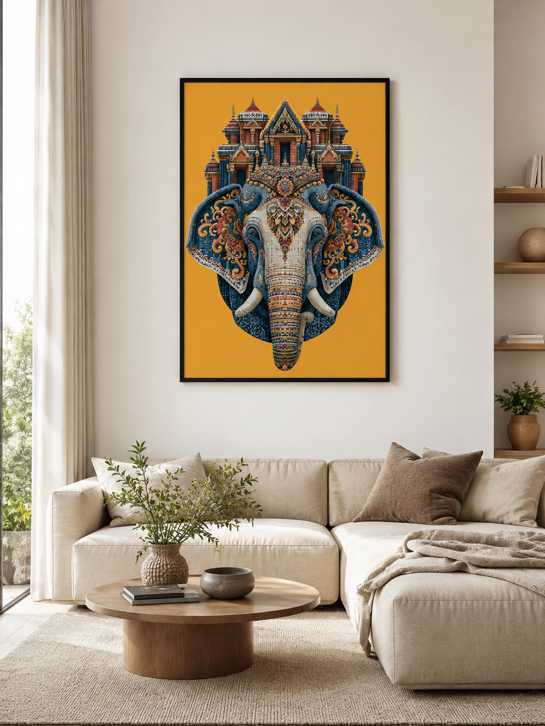 Ornate Elephant Wall Art - Wall Art Decor - detail view - saffron elephant decor, asian elephant art